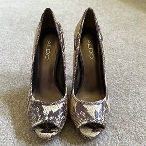 Aldo Brown and Cream Snakeskin Peep Toe Heels